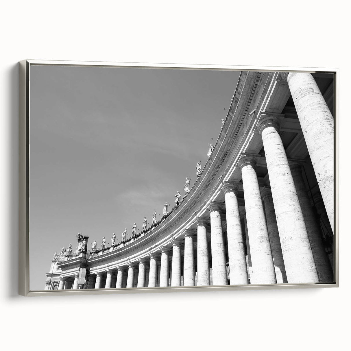 Vintage poster art of the Vatican landscape on framed canvas, featuring muted earth tones and silver frame.