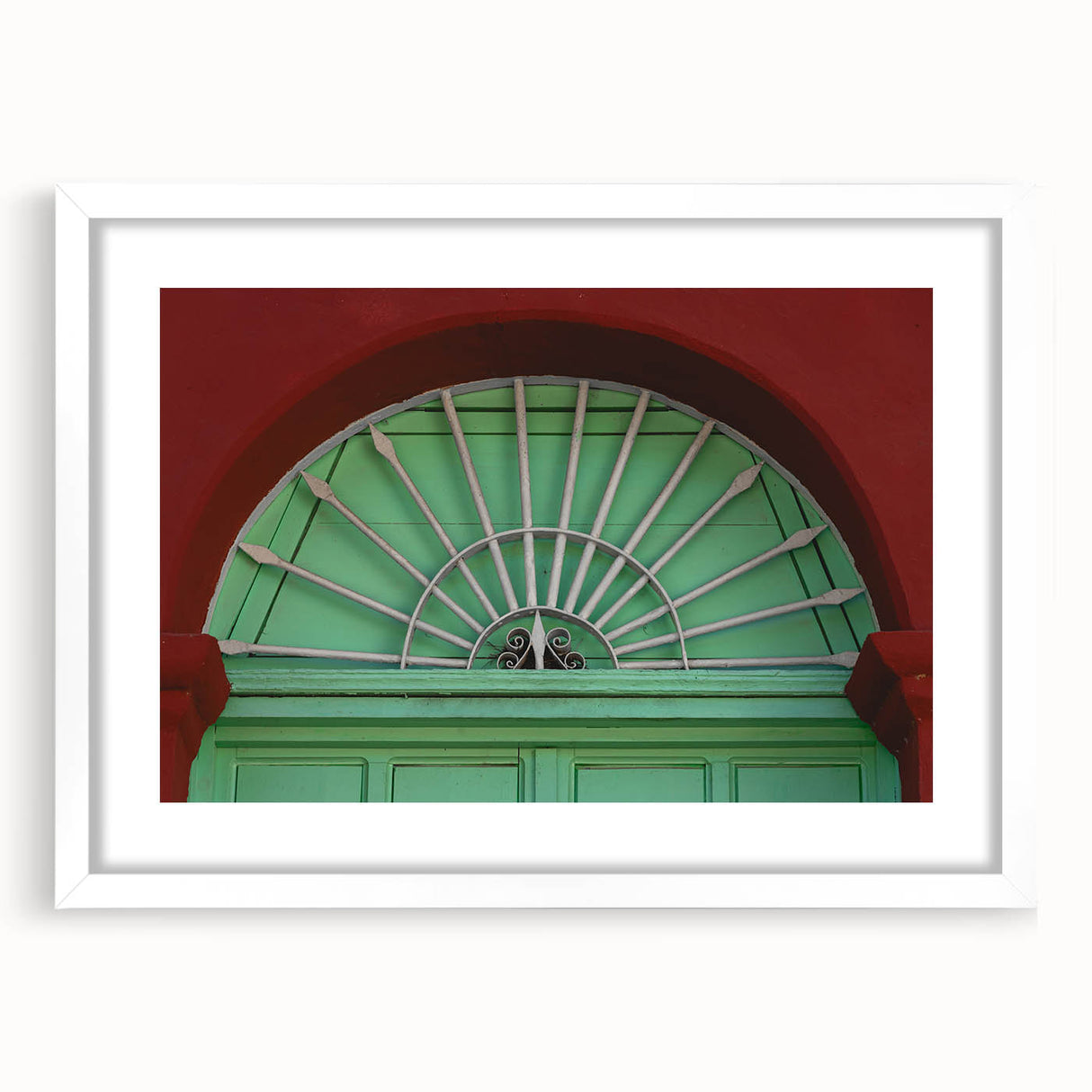 Abstract art print of Baja California scenery in muted earth tones on a framed white mat, ideal for dining room decor.