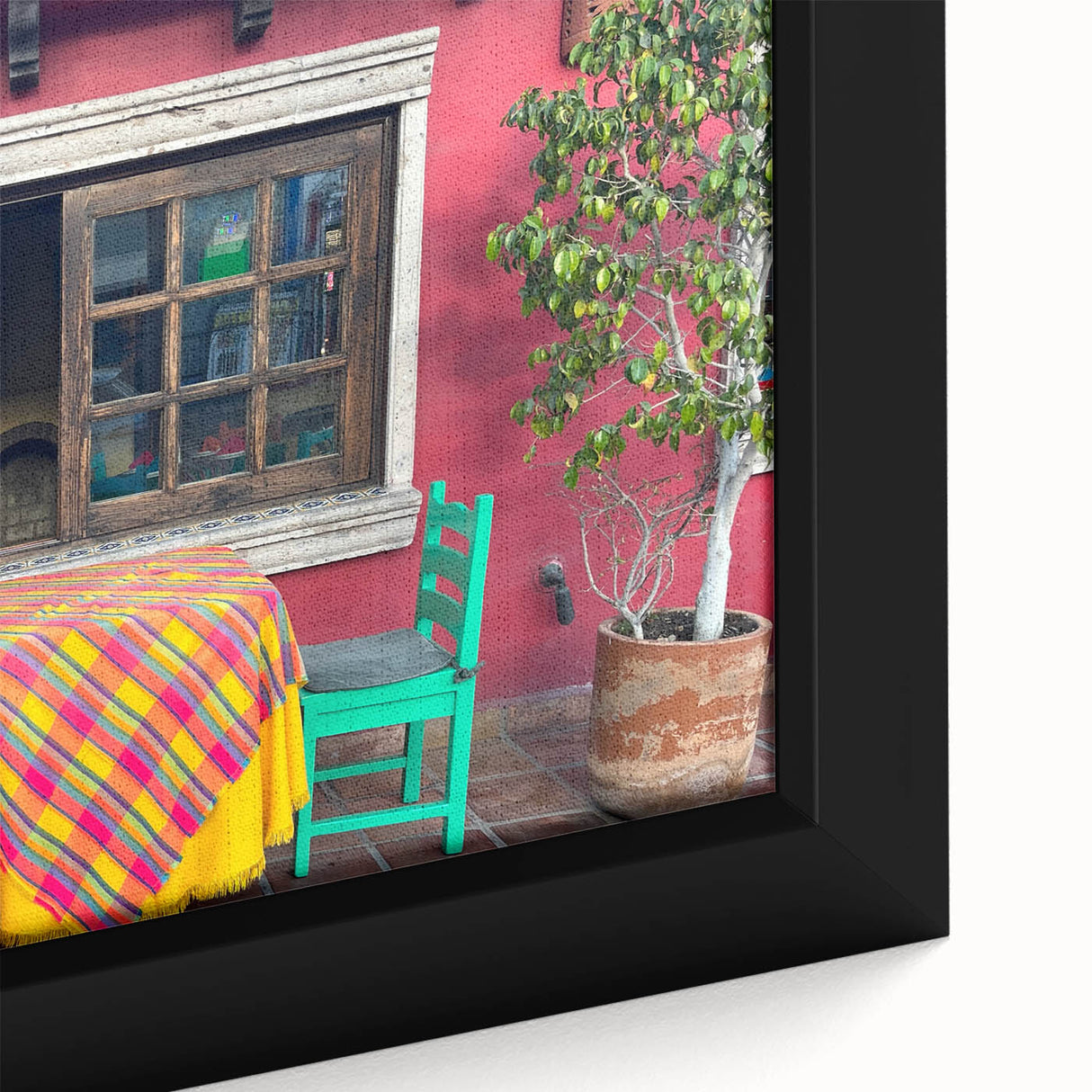 Extra large framed canvas of Cabo San Lucas scenery in black with colorful, textured elements.