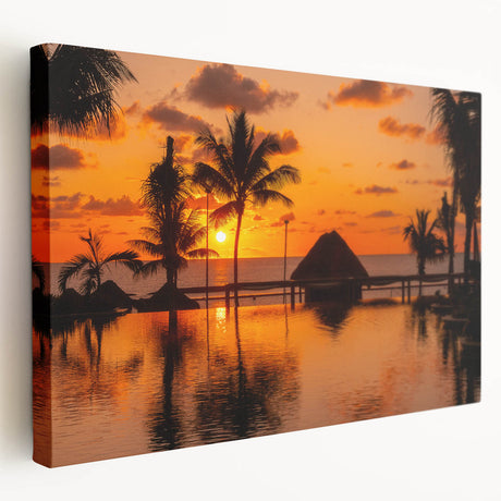 Side view of a stretched canvas featuring a serene Cancun beach scene, ideal for kitchen wall art.