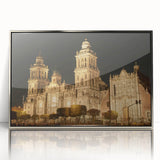 Mid-century modernist art of Mexico City skyline in silver acrylic frame, ideal for modern art wall decor.