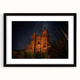 Extra large, textured abstract art print depicting colorful, abstract scenery of Oaxaca, framed in black.