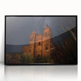 Large abstract wall art depicting a stylized Oaxaca scenery in black and white tones on a framed acrylic.