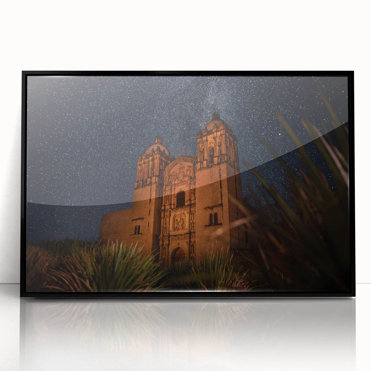 Large abstract wall art depicting a stylized Oaxaca scenery in black and white tones on a framed acrylic.