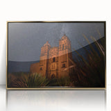 Large art print of Oaxaca, Mexico scenery in mid-century modernist style with gold frame, ideal for modern art wall decor.