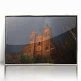 Mid-century modernist art depicting a scenic view of Oaxaca, Mexico, in a silver-framed acrylic.