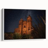 Vintage poster art of Oaxaca scenery on extra large framed canvas, featuring colorful elements on a black background.