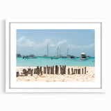 Abstract art print of Quintana Roo scenery in white frame, featuring cool blue and green tones.