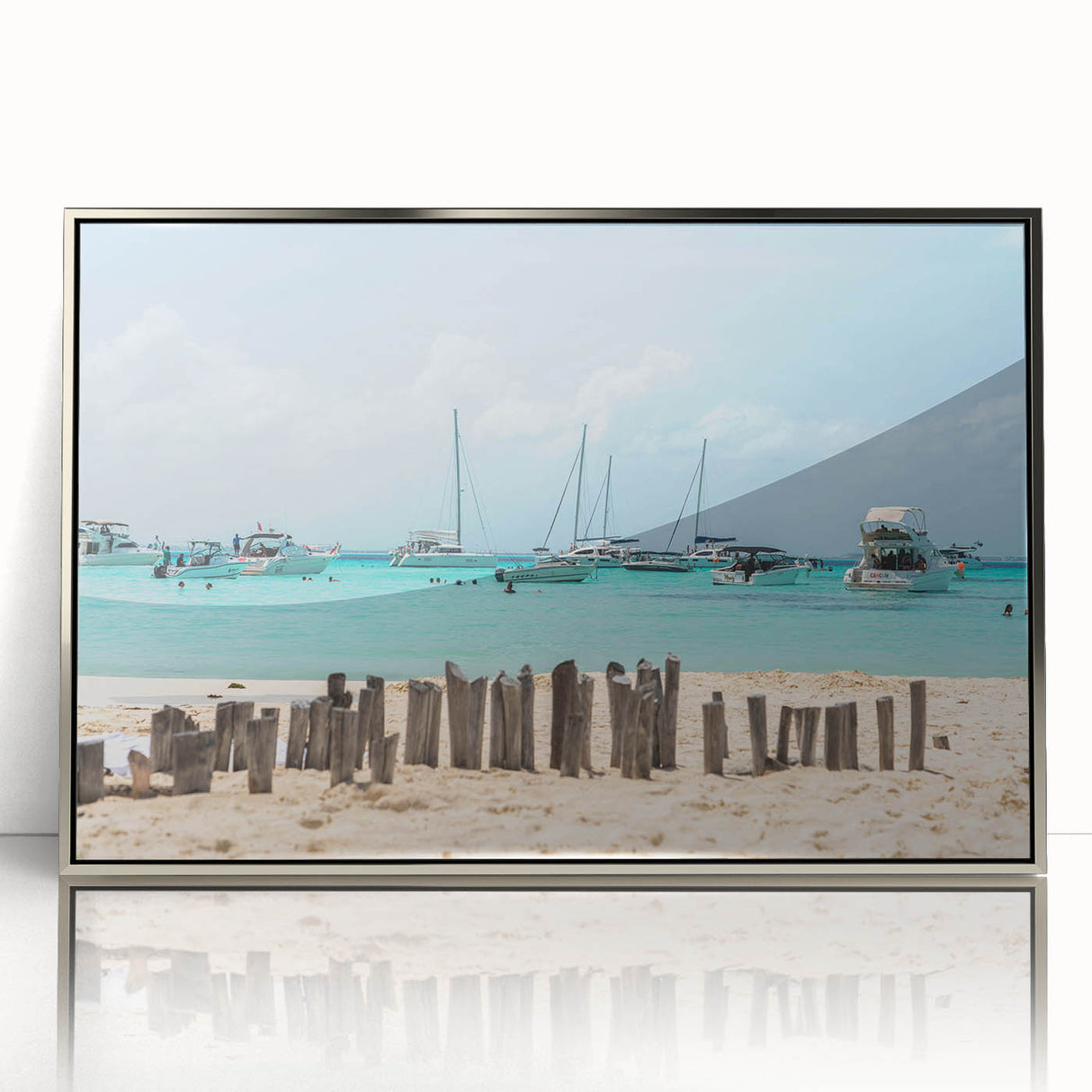 Mid-century modernist art depicting Quintana Roo scenery in muted blue and green tones on a silver-framed acrylic print.