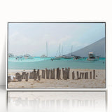 Art deco poster depicting Quintana Roo scenery in muted blue and green shades on a white framed acrylic.