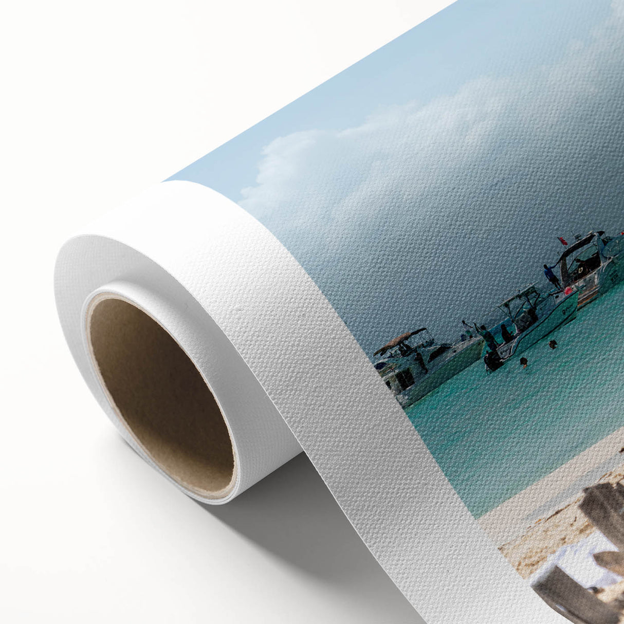 Art deco poster of Quintana Roo scenery on rolled canvas, featuring pastel blue and green tones, ideal for nursery wall art.