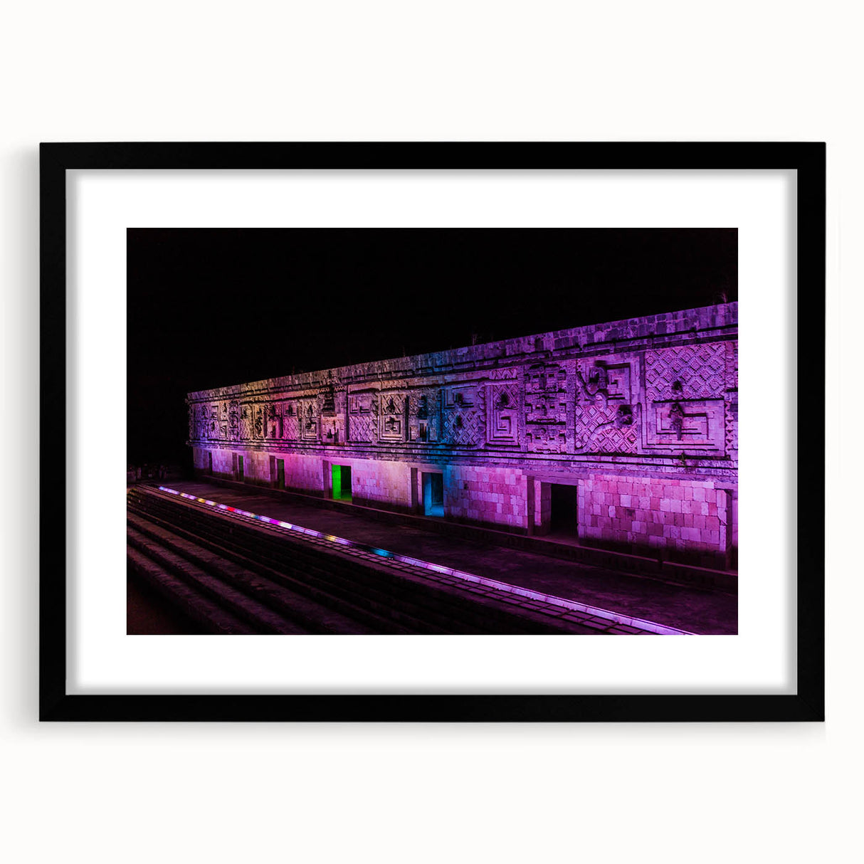 Extra large, textured abstract art print featuring vibrant, colorful art of a Yucatan scenery on a framed black canvas.