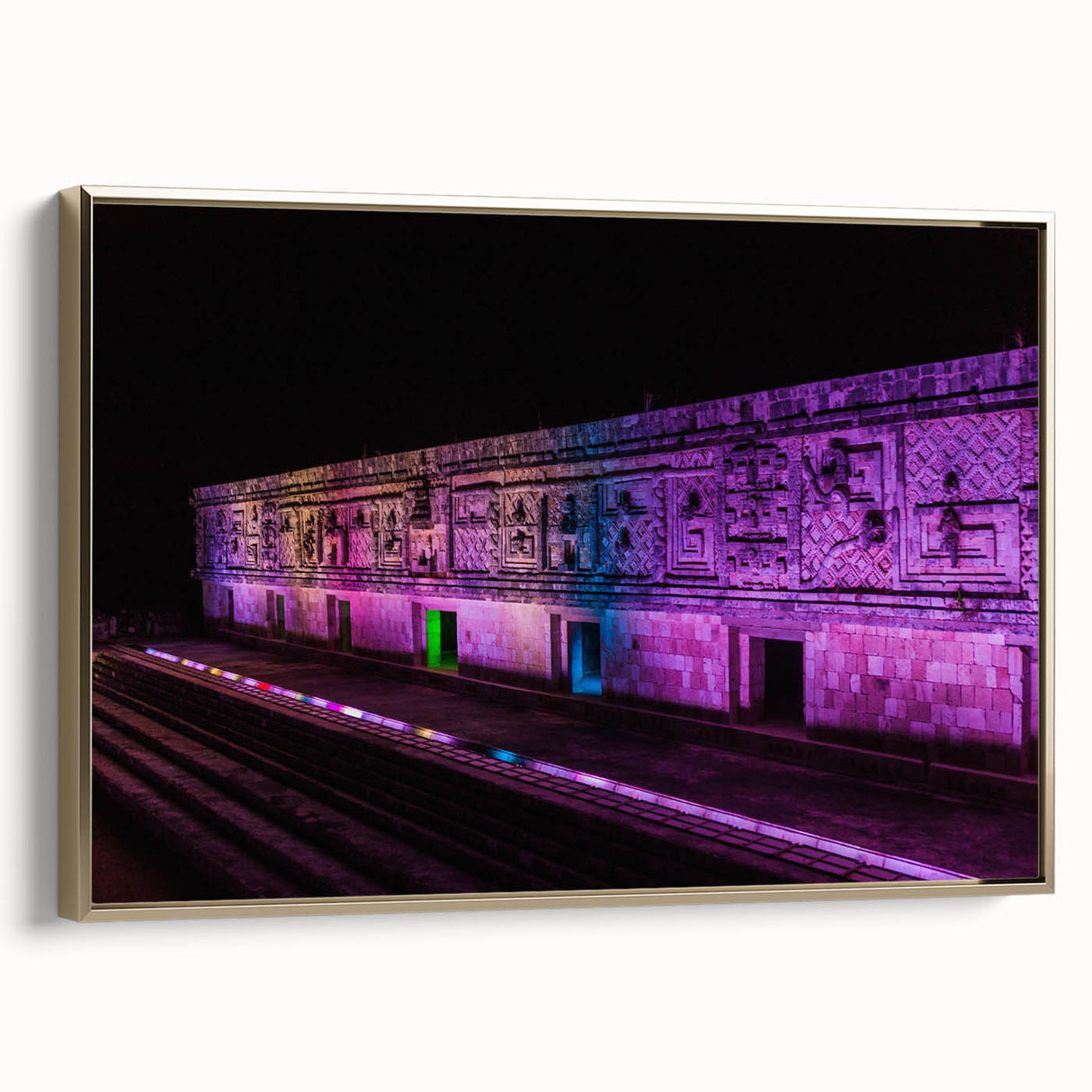 Framed canvas featuring a vintage-style landscape of Yucatán, Mexico in black and gold tones, ideal for bedroom wall art.