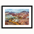 Extra large abstract art print featuring colorful, textured scenery of a Middle Eastern landscape on a black framed canvas.