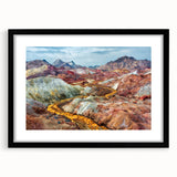 Extra large abstract art print featuring colorful, textured scenery of a Middle Eastern landscape on a black framed canvas.