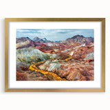 Extra large abstract art print of a Middle Eastern scenery in textured gold tones on a framed canvas.