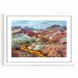 Abstract art print featuring a stylized Middle Eastern landscape in muted earth tones on a framed white mat.