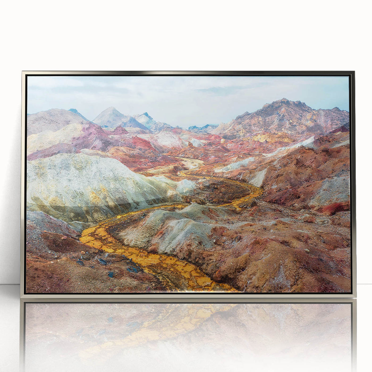 Mid-century modernist acrylic print of a Middle Eastern scenery in muted earth tones, ideal for nursery wall art.