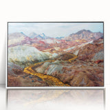 Art deco poster featuring a stylized Middle Eastern landscape in muted earth tones on a framed acrylic.