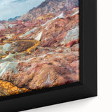 Extra large framed canvas featuring a textured, colorful depiction of a Middle Eastern scenery in predominantly black tones.