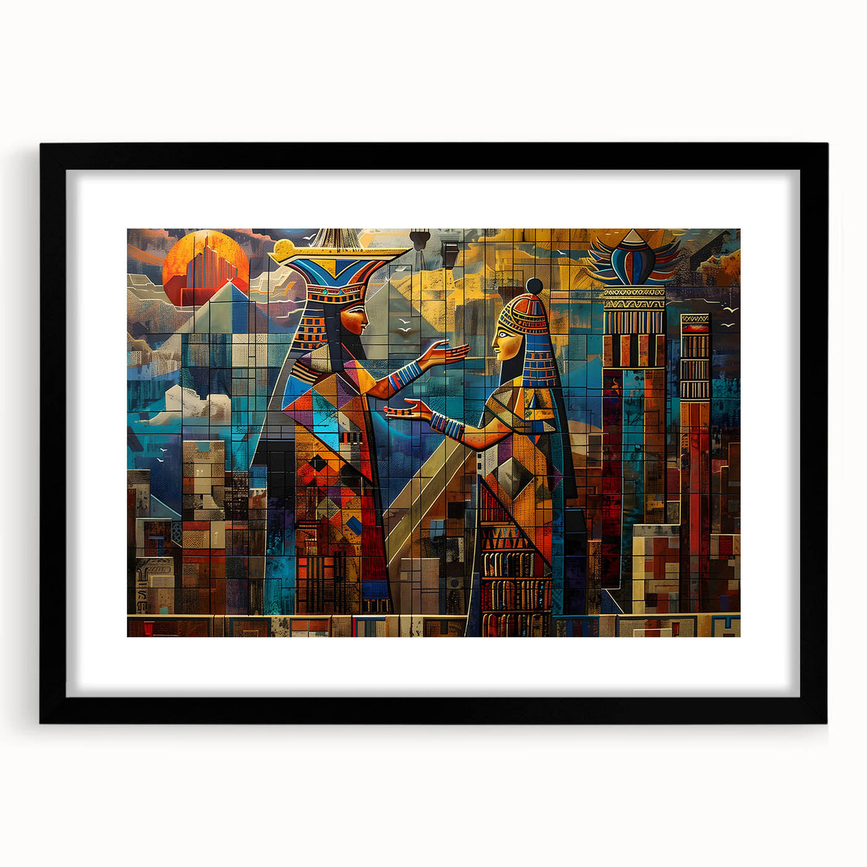 Extra large, textured abstract art print of a colorful Middle Eastern scenery on a framed canvas.