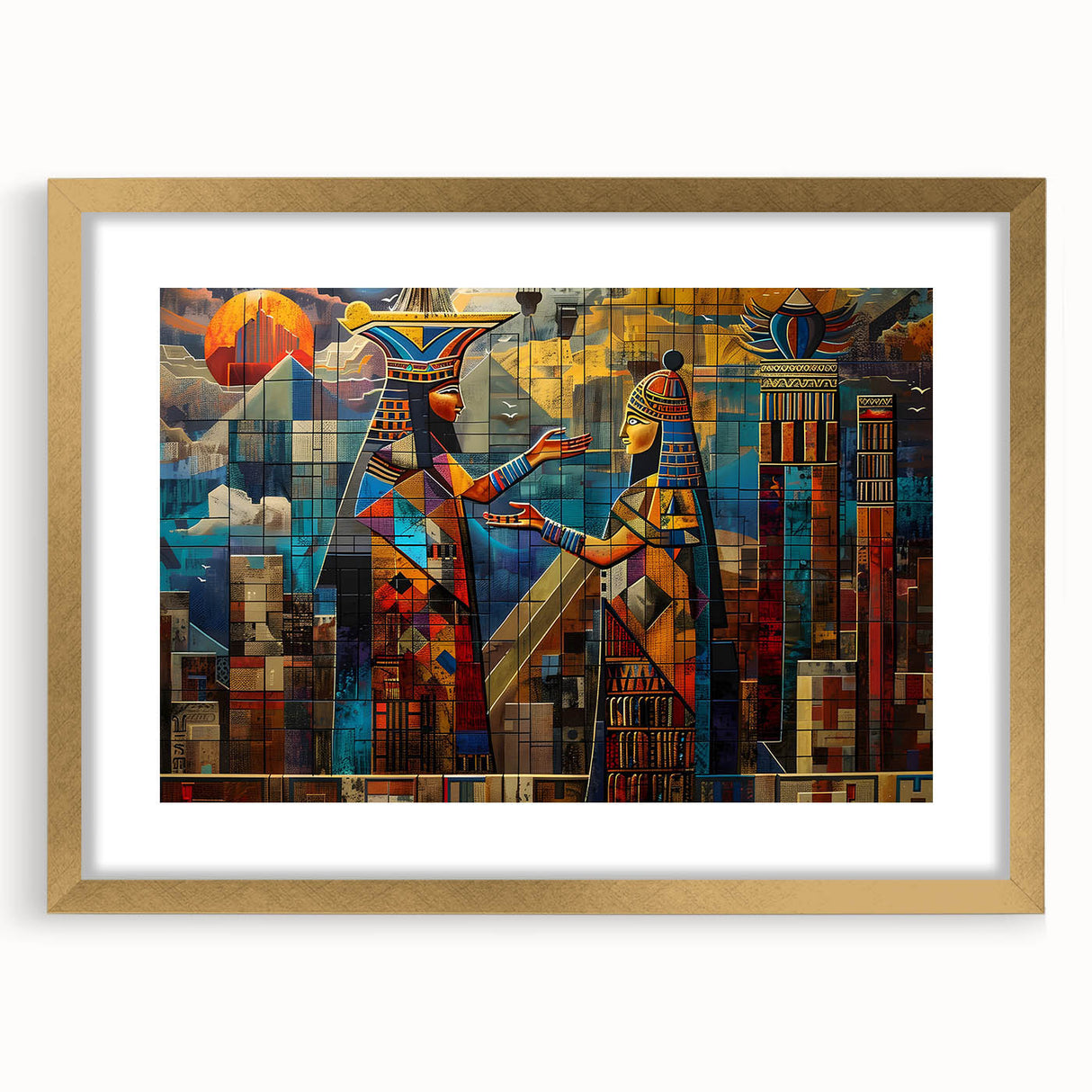Extra large framed wall art of abstract Middle Eastern scenery in textured gold tones, ideal for living room decor.