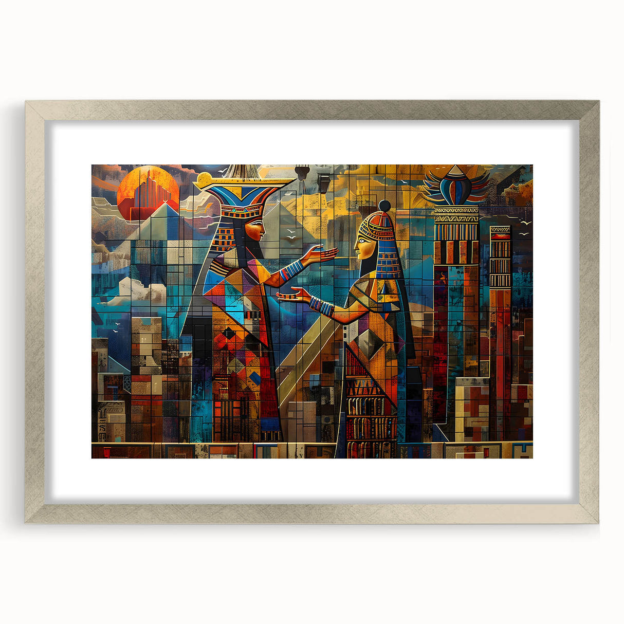 Textured abstract art print depicting a Middle Eastern scenery in muted earth tones on a silver-framed mat.