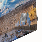 Mid-century modernist Jerusalem skyline in muted earth tones on large acrylic glass, ideal for dining room art.