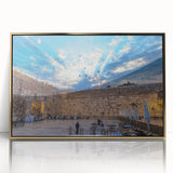 Framed acrylic print of Jerusalem skyline in gold and beige tones, suitable for modern art wall decor.