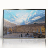 Mid-century modernist art depicting Jerusalem skyline in muted earth tones on a framed acrylic panel.