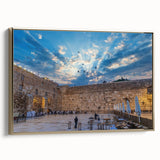 Framed canvas featuring a vintage-style landscape painting of Jerusalem in gold and black tones, ideal for bedroom wall art.