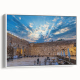 Vintage poster art of Jerusalem in colorful hues on a large framed canvas, ideal for living room decor.