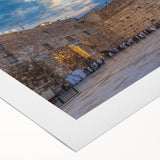 Art deco poster of Jerusalem skyline in muted gold and blue tones on rolled canvas, suitable for dining room wall art.
