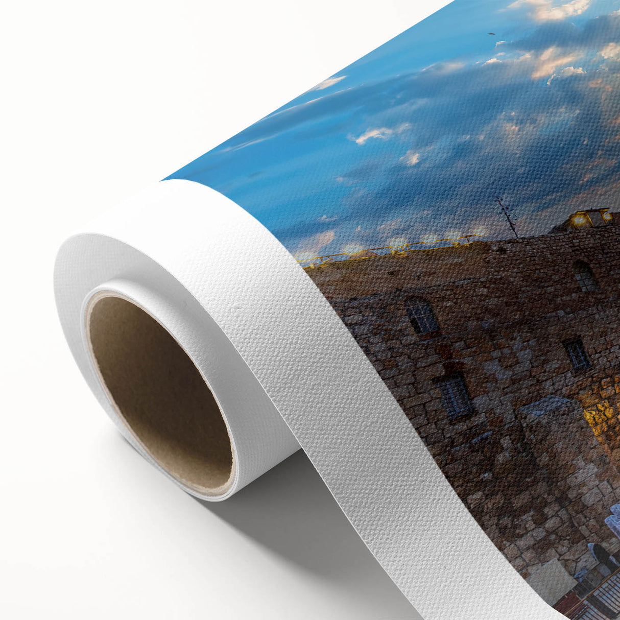 Art deco poster of Jerusalem skyline in muted earth tones on rolled canvas, ideal for nursery wall art.