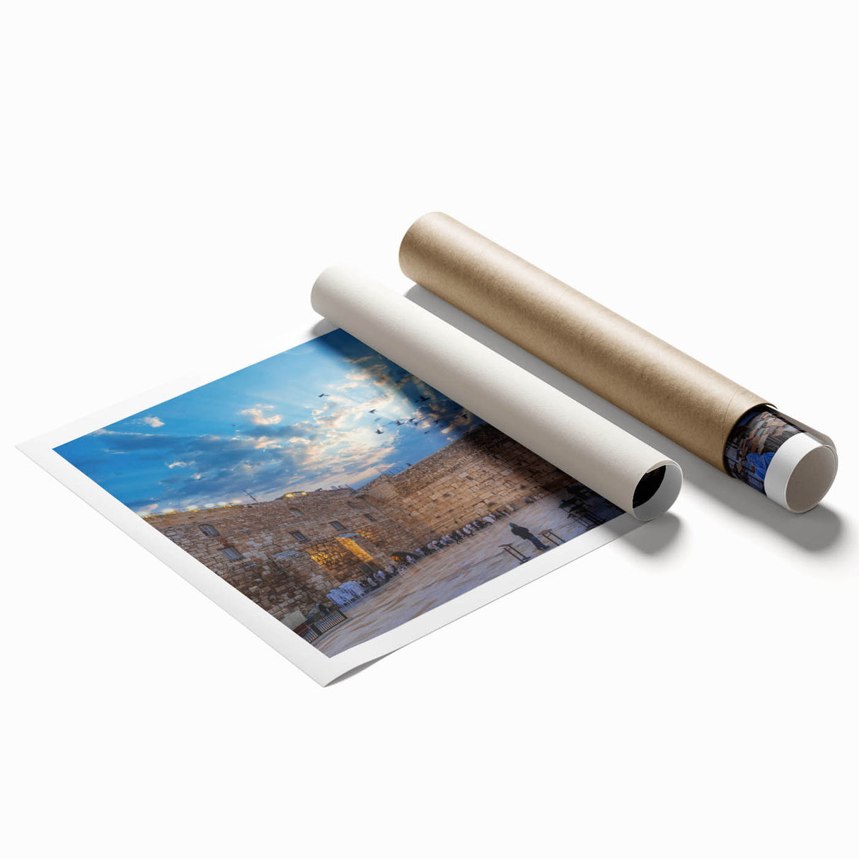 Extra large rolled print of Jerusalem scenery with floral elements in muted earth tones, ideal for classy bathroom wall art.