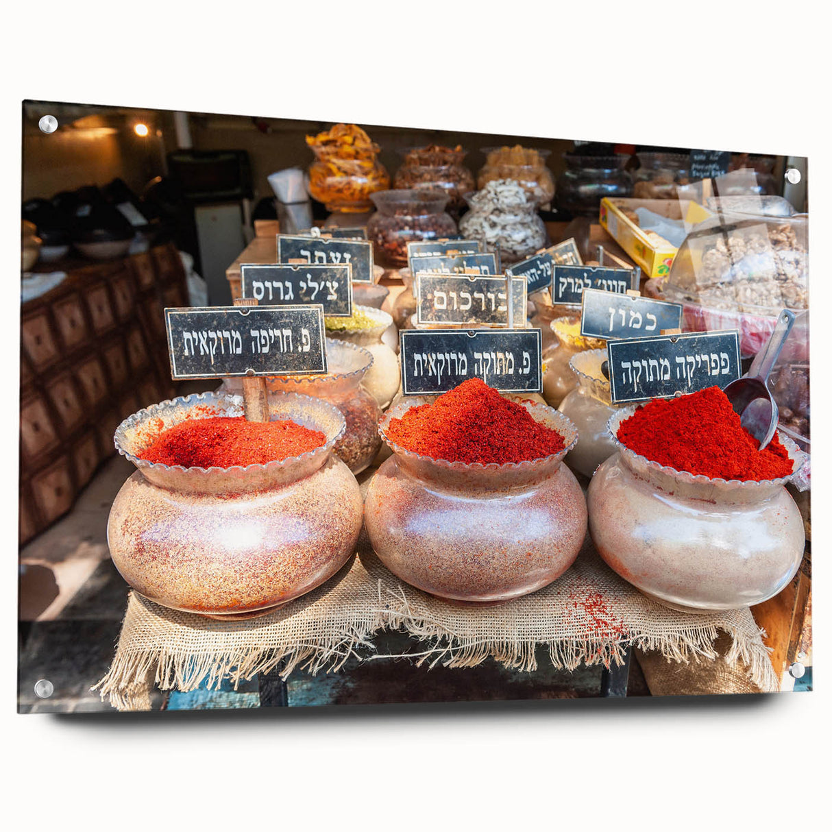 Acrylic print of Tel Aviv skyline in muted grays and blues, ideal for modern dining room decor.