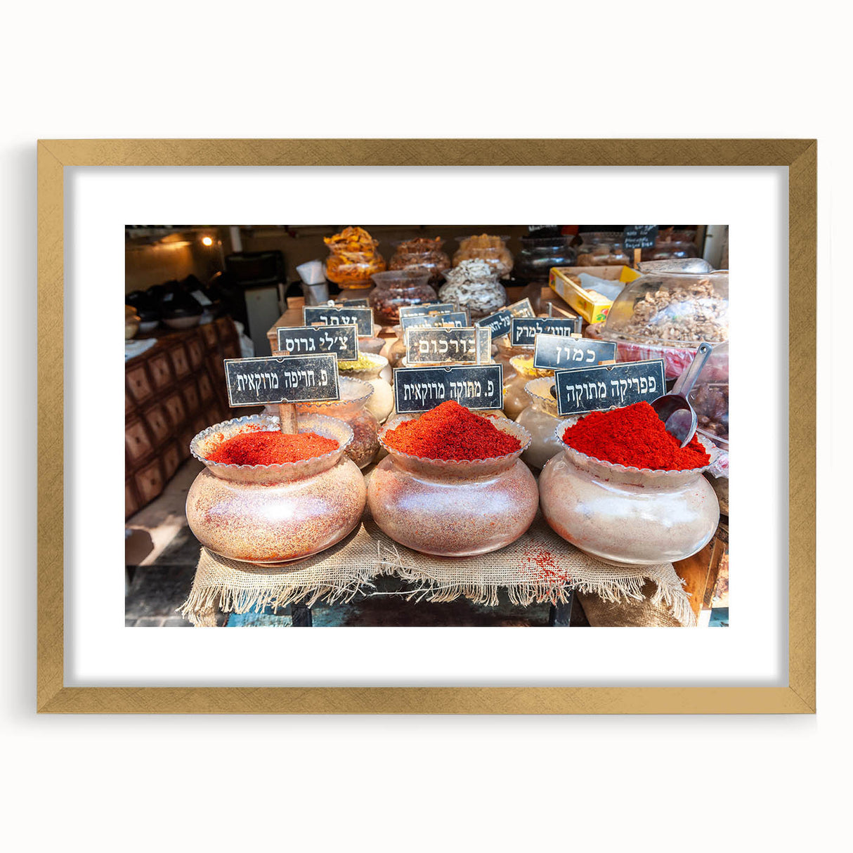 Extra large abstract art print of Tel Aviv skyline in textured gold frame, ideal for living room decor.