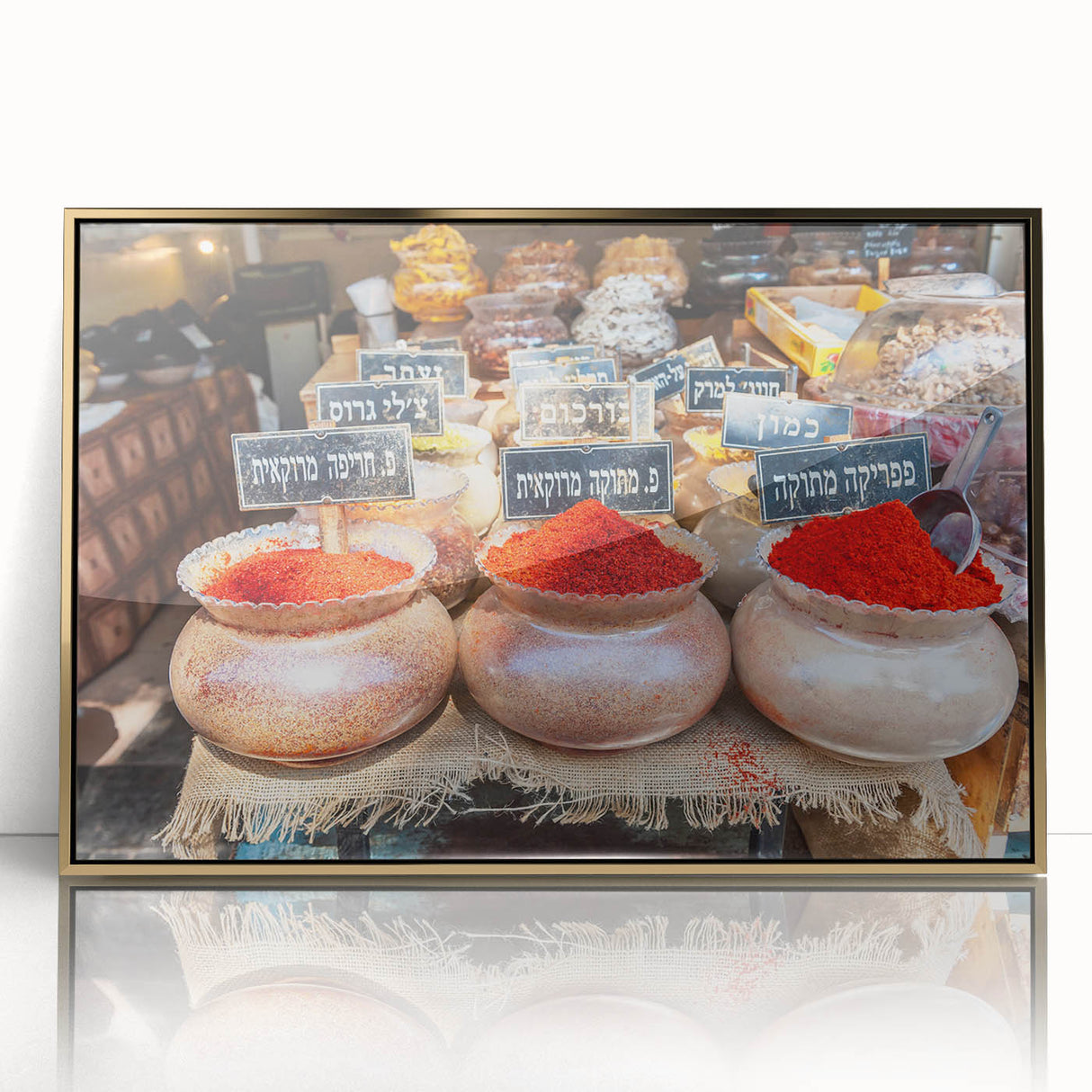 Framed acrylic print of Tel Aviv skyline in gold and blue tones, ideal for modern art wall decor.
