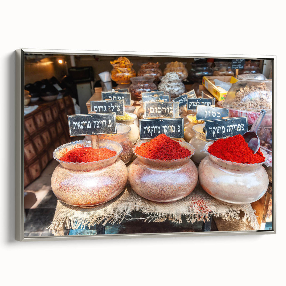 Framed canvas landscape art painting depicting the Tel Aviv skyline in colorful hues, ideal for living room decor.