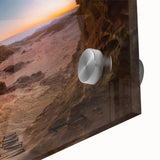 Large abstract wall art depicting a Middle Eastern scenery in muted earth tones on acrylic glass.