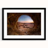 Extra large abstract art print of a Middle Eastern scenery in vibrant colors on a textured canvas, framed in black.