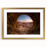 Extra large abstract art print depicting a Middle Eastern scenery in textured gold and brown tones on a framed canvas.