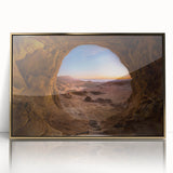 Large acrylic print of a Middle-Eastern landscape in gold and earth tones, framed, ideal for modern art wall decor.