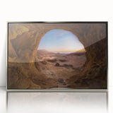 Mid-century modernist art depicting a Middle Eastern scenery in muted earth tones on a framed acrylic print.