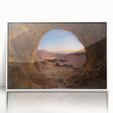 Art deco poster of a Middle Eastern landscape in muted earth tones on a framed acrylic, ideal for modern art wall decor.