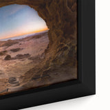 Extra large framed canvas depicting a textured Middle Eastern scenery in vibrant colors on a black background.