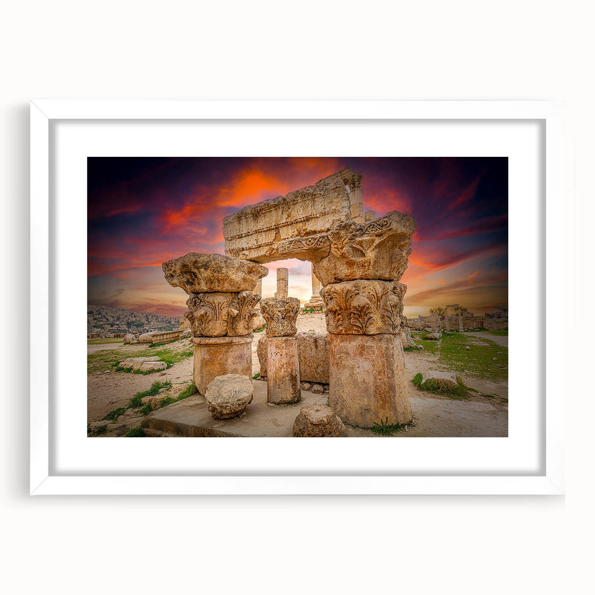 Abstract art print of a Middle Eastern landscape in muted earth tones on a white matted frame.