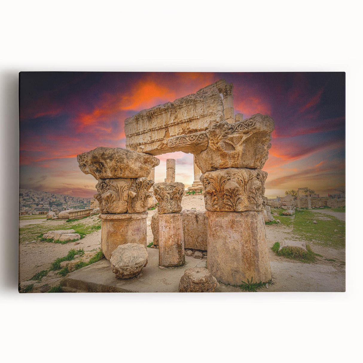 Black and white stretched canvas of a Middle Eastern Jordanian landscape, suitable for kitchen art.