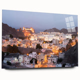 Large abstract wall art depicting a Middle Eastern Oman scenery in muted earth tones on acrylic glass.