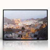 Large abstract wall art of a Middle Eastern scenery in Oman, with muted earth tones on a framed acrylic.